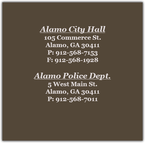 &nbsp;Alamo City Hall
105 Commerce St.
Alamo, GA 30411
P: 912-568-7153
F: 912-568-1928 Alamo Police Dept.
5 West Main St.
Alamo, GA 30411
P: 912-568-7011 